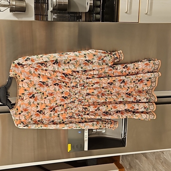 MAX STUDIO Geometric Floral Print Smocked Waist Dress Coral Green Hibiscus L NWT - Picture 2 of 12